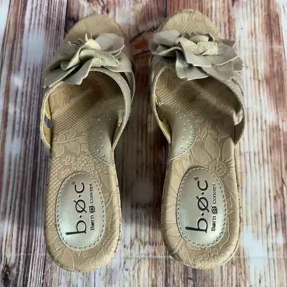 BOC Born Concept Size 7 Bronze Leather Flower Cork Wedge Sandals Open Toe Shoes - Picture 5 of 11